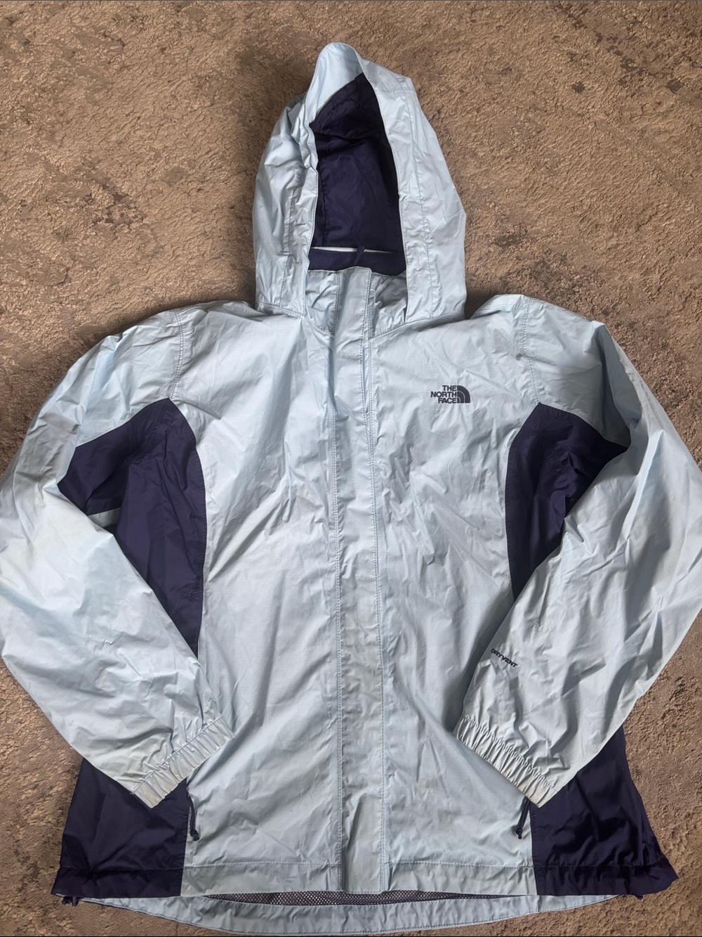 The North Face Light Blue and Navy Hooded Rain Jacket